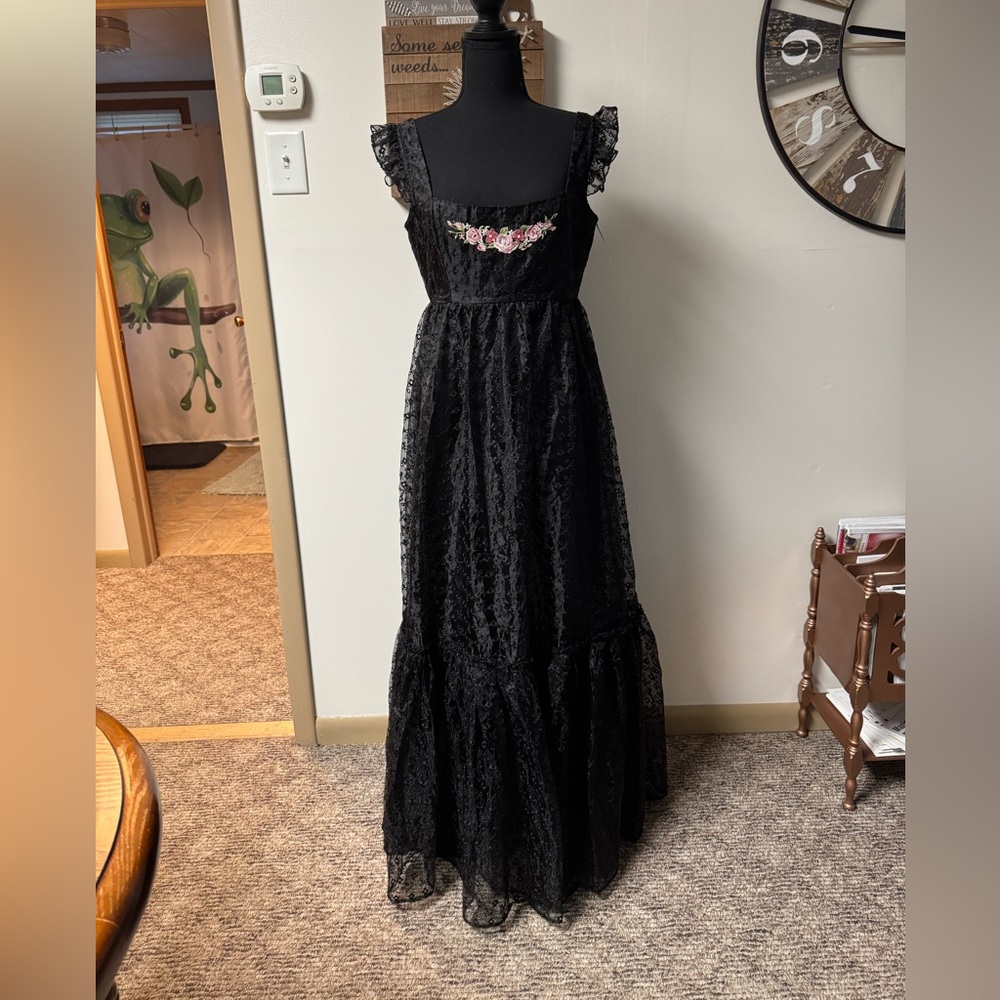 Delia’s black dolls kill floral embroidered Tulle gothic maxi dress NWT🐸